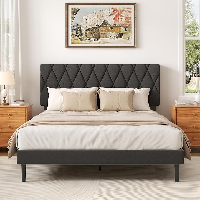 CXVX Queen Size Bed Frame with Diamond Tufted Headboard, Linen Upholstered Platform Bed and Wooden Slat Support, Noise-Free, No Box Spring Needed, Easy Assembly, Dark Grey