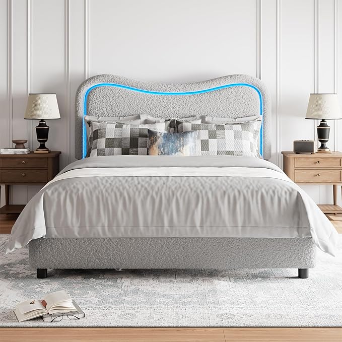 GarveeHome LED Queen Bed Frame with 2 Drawers and Headboard, Cute Upholstered Bed with Storage, Sturdy Platform Bed, No Box Spring Needed, Wooden Slats, Noise Free, Grey