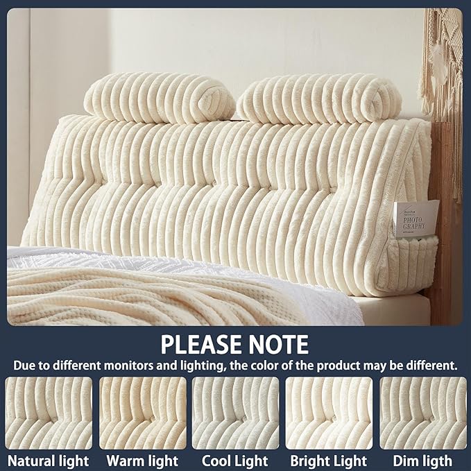 Rycwola Faux Fur Headboard Pillow with 2 Pack Neck Roll Pillow Large Headboard Pillow Soft and Supportive with Removable Cover (Beige, King)