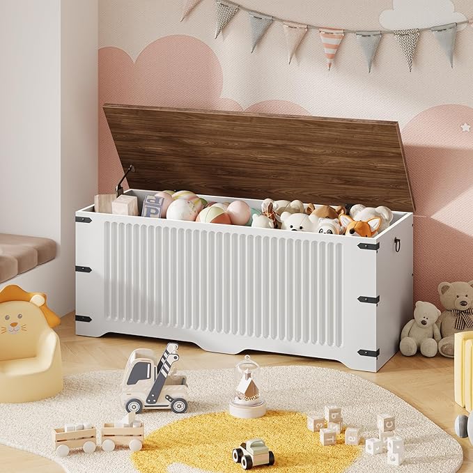 HOOBRO Storage Bench, Toy Box Organizer, Toy Chest with Safety Hinge, Farmhouse Style Storage Chest, 39.3 x 15.7 x 17.7 Inches for Living Room, Bedroom, Entryway, White and Walnut WH26CW01