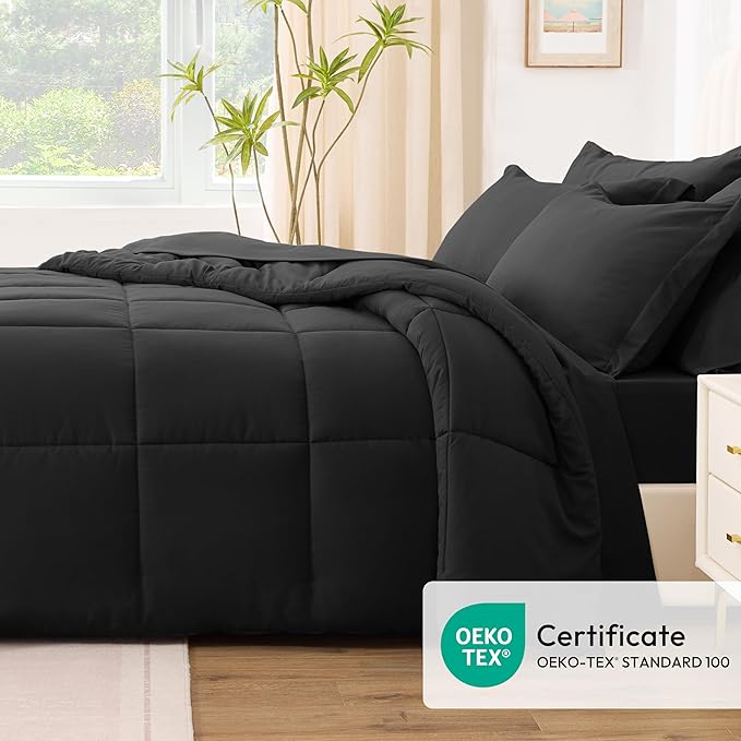Love's cabin Queen Comforter Set Ash Black, 7 Pieces Queen Bed in a Bag, All Season Bedding Sets with 1 Comforter, 1 Flat Sheet, 1 Fitted Sheet, 2 Pillowcase and 2 Pillow Sham | Soft, Breathable, Lightweight, Comfortable
