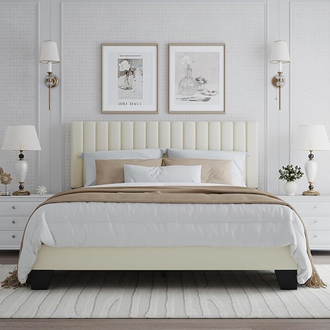 Queen Bed Frame, Velvet Upholstered Platform Bed Frame with Adjustable Headboard, Vertical Quilted Design, Sturdy Slatted Mattress Base, Easy to Assemble, White