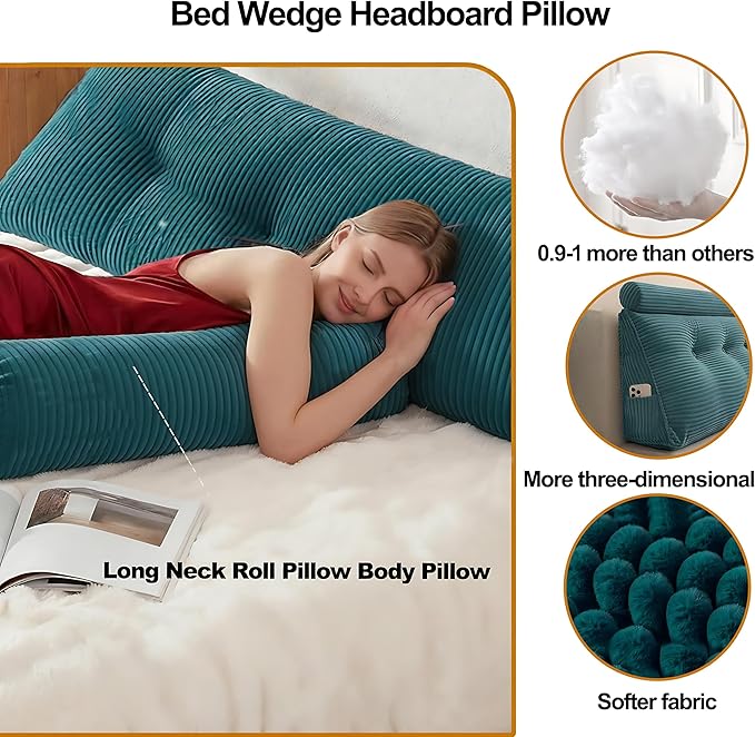 Headboard Pillow Twin, Large Triangular Wedge Cushion with Neck Roll Pillow for Reading Sitting Working, Backrest Positioning Support Bodypillow with Removable Washable Cover for Bed Dorm Sofa