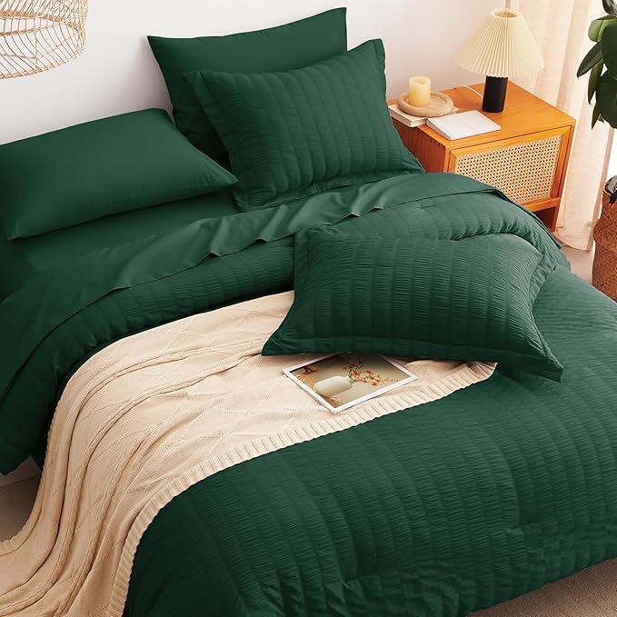 CozyLux King Size Comforter Set Emerald Green Seersucker 7 Pieces Bed in a Bag King Comforter Set with Sheets, Luxury Bedding Sets with Down Alternative Comforter, Sheets, Pillowcases & Shams