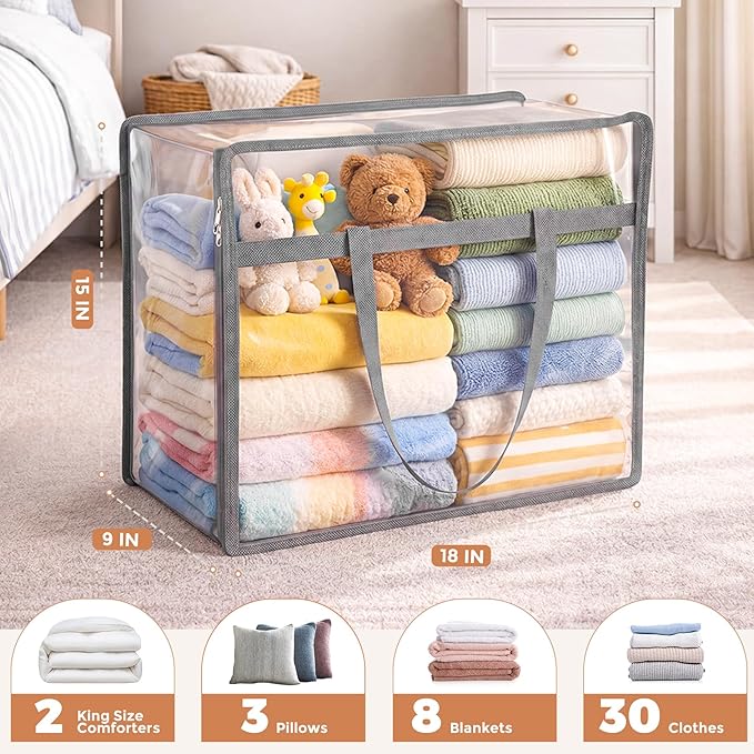 Budding Joy 6 Pack Clear Zippered Storage Bags for Clothes,40L Closet Organizers and Storage Containers Vinyl Moving Bag for Bedding, Linen, Blankets, Comforters, Clothing & Toys, Grey