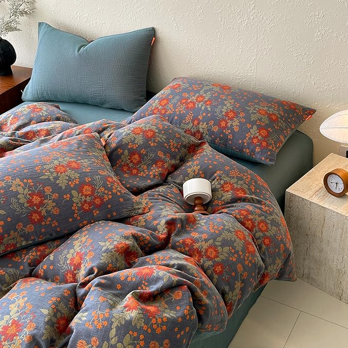 VM VOUGEMARKET Boho Vintage Floral Double Layer Gauze Jacquard Duvet Cover Set King, Dusty Smoky Blue Soft Breathable Cotton Muslin Bedding Set for Bedroom Decor