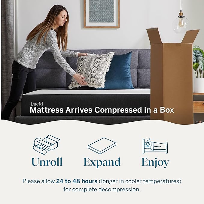 Lucid 8 Inch Memory Foam Mattress - Medium Plush Feel - Infused with Refreshing Bamboo Charcoal and Cooling Gel - Bed in a Box - Temperature Regulating - Pressure Relief - Breathable - King Size