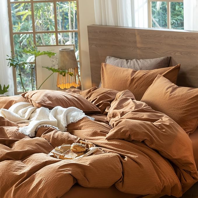 MooMee Wavy Striped Duvet Cover Set 100% Washed Cotton Linen Like Textured Breathable Durable Soft Comfy (Dark Orange, Full 80"x90")