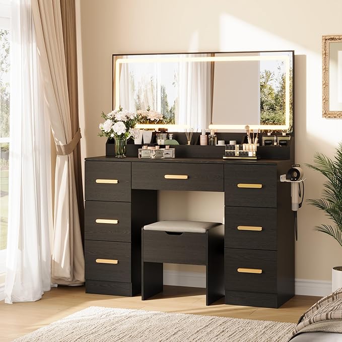 Garvee Vanity Desk with Large Mirror and Lights, 45.9 in Makeup Vanity Desk, 3 Lighting Modes Adjustable Brightness, Vanity Table with Power Outlet & 8 Drawers, for Powder Room and Bedroom