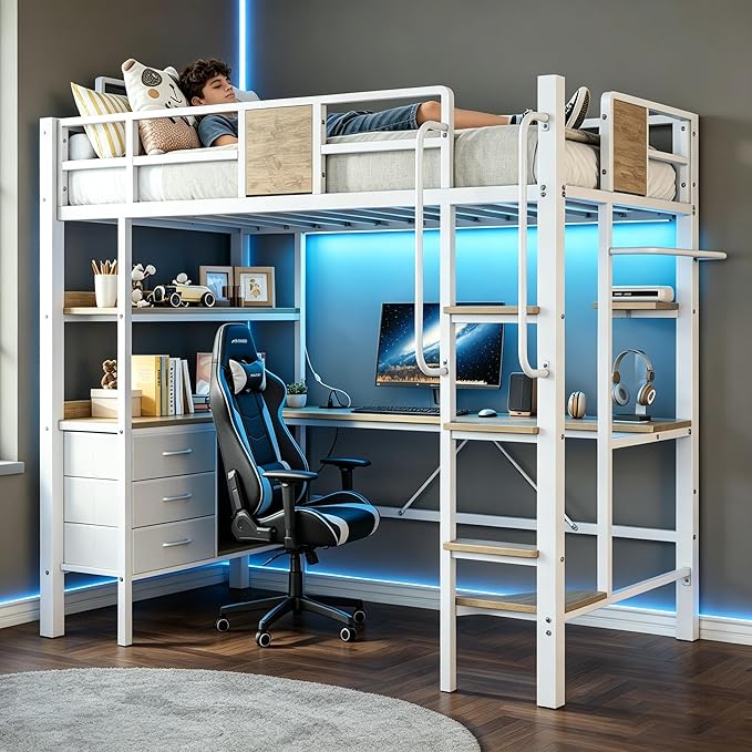 Garvee Twin Loft Bed with Desk and Stairs, Heavy Duty Loft Bed with RGB LED Lights, Charging Station, 3 Fabric Storage Drawers & 2 Open Shelves, No Box Spring Needed