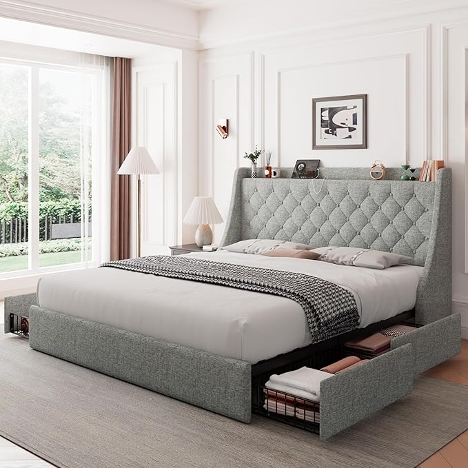 Feonase King Size Bed Frame with 4 Storage Drawers, Storage Bed with Charging Station, Tufted Wingback Headboard, No Box Spring Needed, Light Grey