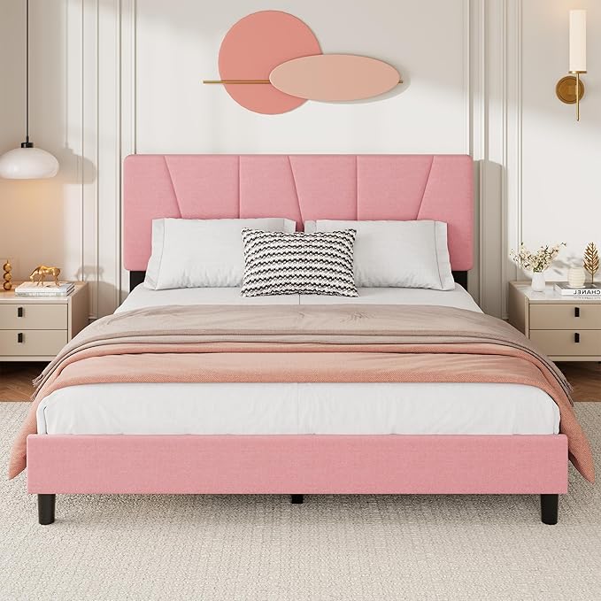 Full Size Upholstered Platform Bed Frame with Adjustable Headboard for kids Girls, Fits 8-14 Inch Mattress, Heavy Duty Bed Frame with Wooden Slats Support, Noise-Free, Non-slip, No Box Spring Needed