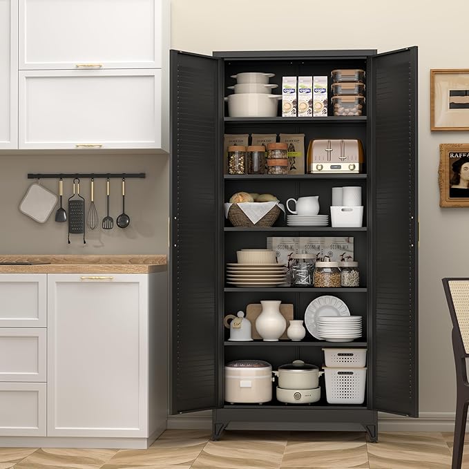 SteeLoong Kitchen Pantry Cabinet,75" Metal Storage Cabinet with Doors and 5 Adjustable Shelves,Black Tall Locker Organizer Steel Garage Cabinets for Tool,File Cabinet for Office,Kitchen,Garage,School