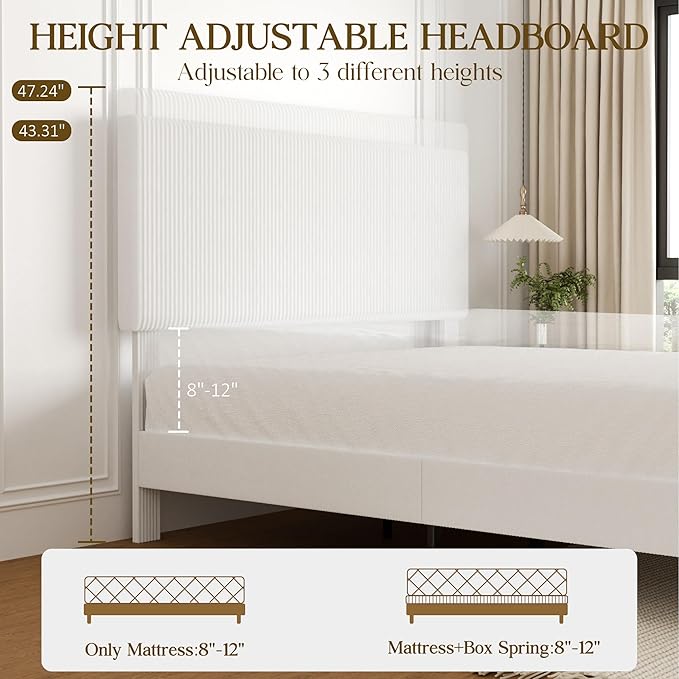 King Size Bed Frame, Upholstered Platform Bed with Adjustable Headboard, Vertical Fluted Tufted, Soft Corduroy Fabric, Wooden Slats Support, No Box Spring Needed, Easy Assembly, White
