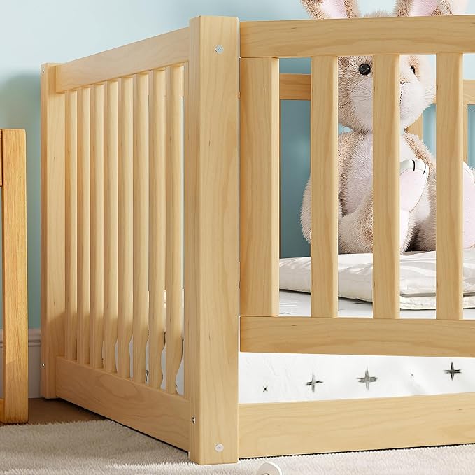 Bellemave Twin Size Montessori Floor Bed with 23.5" High Rails, Pine,Plywood Twin Floor Bed with Small Door, Natural