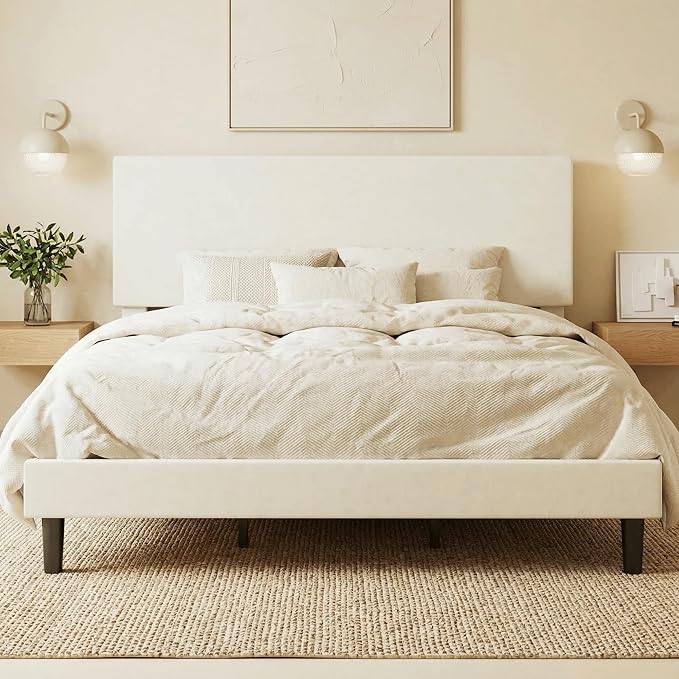 SHA CERLIN King Size Platform Bed Frame with Adjustable Headboard and Wooden Slats Support, Velvet Upholstered Mattress Foundation, No Box Spring Needed, Easy Assembly, Soft Cream