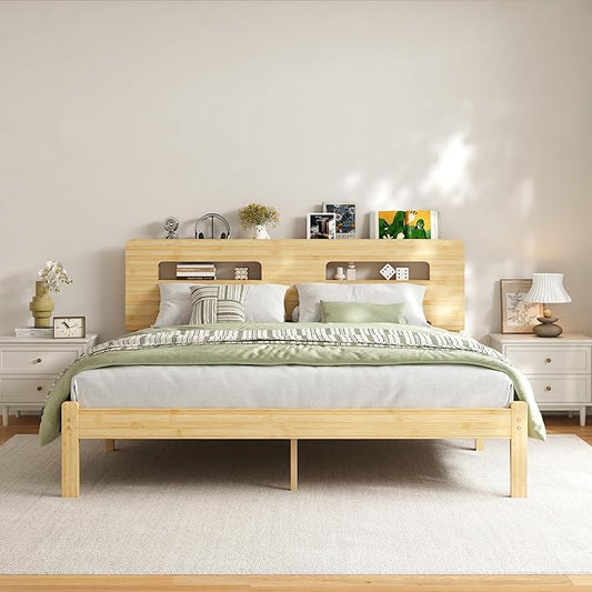 ZIYOO King Size Platform Bed Frame 12 Inch, Natural Bamboo Frame with Middle Iron Slats, Sturdy & Quiet Bed Base for Mattress, Tool-Free Assembly Bedroom Furniture