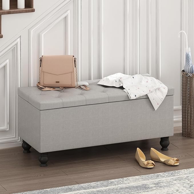 Furinno Laval Button Tufted Storage Ottoman Bench, with Safety Hinged Soft Closed Seat, for Entryway, Bedroom, Living Room, Glacier