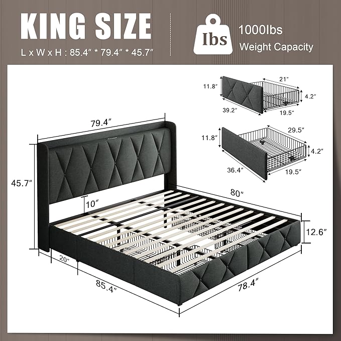 Einhomn King Size Bed Frame with 4 Storage Drawers and Charging Station, Upholstered Platform Bed Frame with Storage Headboard, No Box Spring Needed, Easy Assembly, Dark Grey