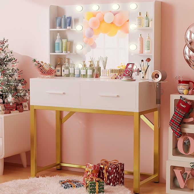 Furmax Vanity Desk with Mirror and LED Light Bulb, Small Makeup Vanity Table with Drawers, Dressing Table with Power Outlet and Hair Drayer Holder for Bedroom (White & Gold)