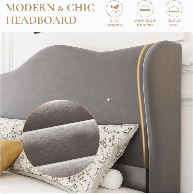 SHA CERLIN Queen Size Velvet Platform Bed Frame with Elegant Wingback Headboard, Modern & Luxurious Design, Sturdy Wooden Slats, No Box Spring Required, Easy Assembly, Noise-Free, Soft Grey