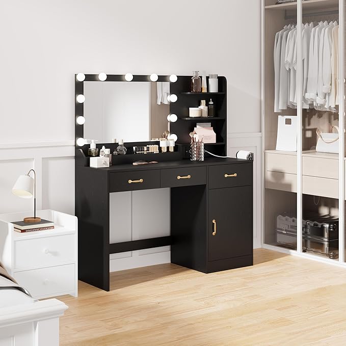 GarveeHome Vanity Desk with Mirror and Lights, Makeup Vanity with Power Outlet & 11 LED Bulbs, Pure Black Dressing Table with 3 Drawers and Storage Shelves, Modern Makeup Table for Bedroom, Standalone