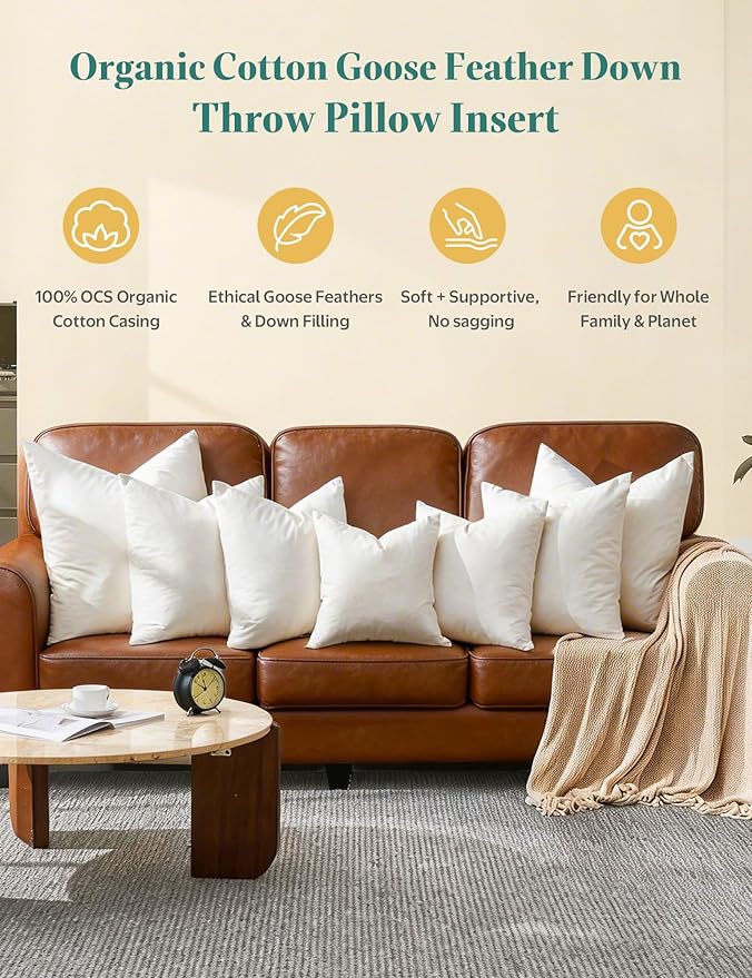 APSMILE Organic Cotton Goose Feather Down Plus Throw Pillow Inserts, 20x20 Inch Set of 2, Soft Supportive Square Decorative Pillow Forms for Couch, Sofa, Bed