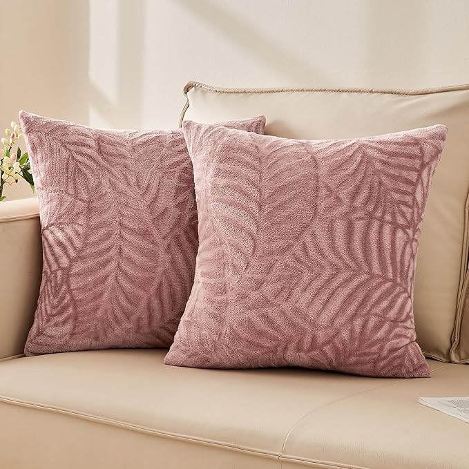 SOCHOW Decorative Throw Pillow Covers 18x18 Inches Set of 2, Soft Leaves Textured Flannel Fleece Pillowcase Square Cushion Covers for Sofa Couch Bed, Dusty Pink