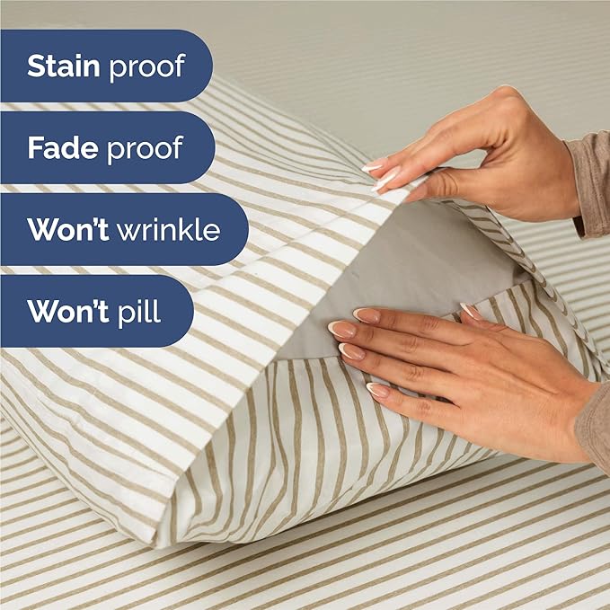Split King Size 5 Piece Sheet Set - Comfy Breathable & Cooling Sheets - Hotel Luxury Bed Sheets for Women & Men - Deep Pockets, Easy-Fit, Soft & Wrinkle Free Sheets - Beige Stripes Oeko-Tex Bed Sheets