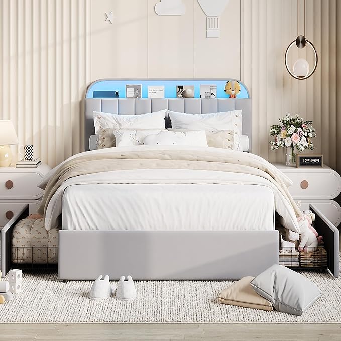 Garvee Full Size Bed Frame with 2 Flexible Drawers, Velvet Upholstered Platform Bed Frame with Bookcase Headboard and LED Lights, Kids Bed for Girls, Easy Assembly, Noise Free, Grey