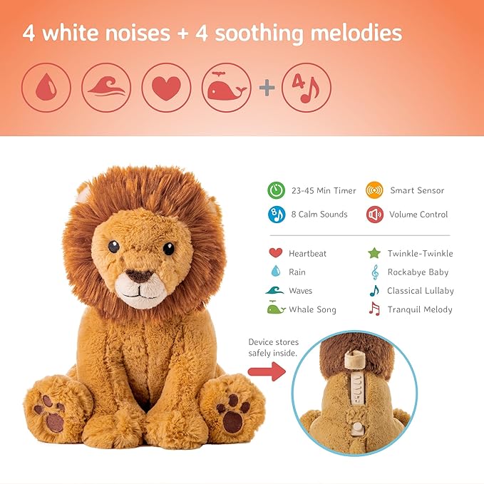 Cloud b Louis Lion Smart Sensor: Portable Baby Sound Machine & White Noise Soother. 8 Calming Lullabies & Nature Sounds. Travel-Ready Infant Sleep Aid & Nursery Registry Essential