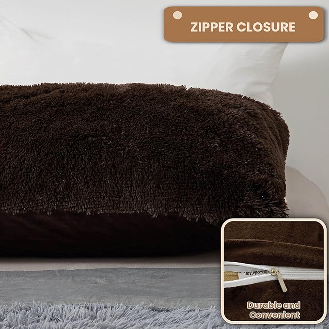 MEGO Shaggy Plush Body Pillow Cover, Faux Fur Fluffy Body Pillowcase, 20x54 Boho Fuzzy Full Body Pillow Case, Furry Long Big Throw Pillow Sham with Zipper for Home Bedding Couch Living Room Brown