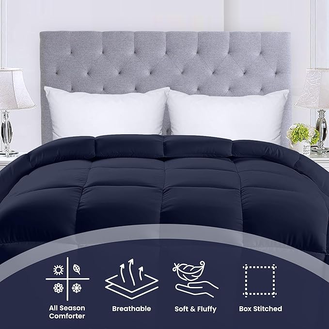 Utopia Bedding Comforters Twin Size, All Season Duvet Insert, Down Alternative Box Stitched Bed Comforter with Corner Tabs, Machine Washable (Navy)