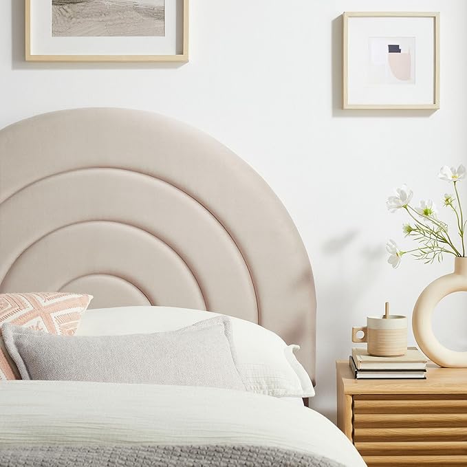 Modway Solana Soft Arch Shaped Round Twin Headboard in Almond – Upholstered Headboard – Stain-Resistant Performance Velvet Headboard for Twin Beds
