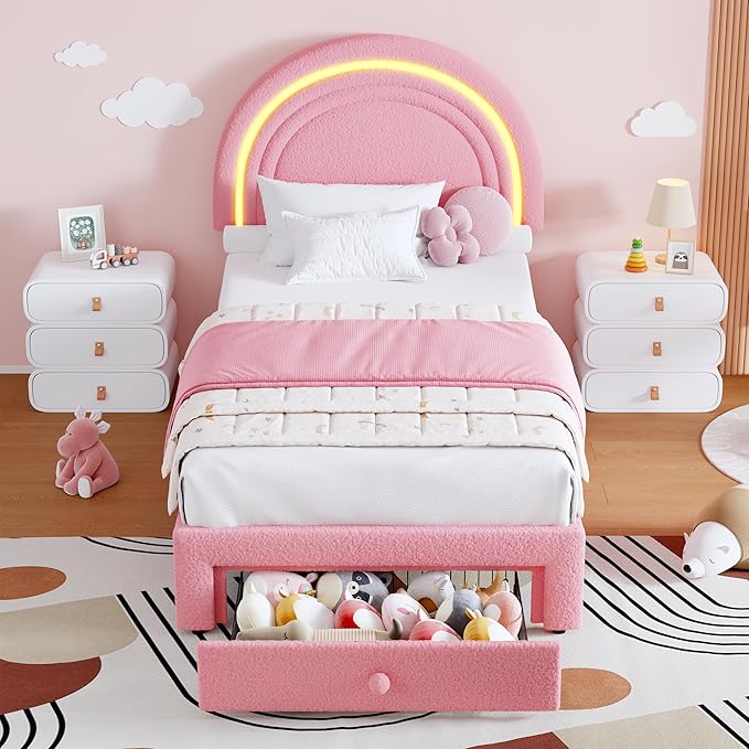 GarveeHome Twin Upholstered LED Bed Frame - with Storage Drawer and Rainbow Headboard, Berber Fleece Princess Platform Bed for Kids, Solid Wood Slats Support, No Box Spring Needed, Easy Assembly, Pink