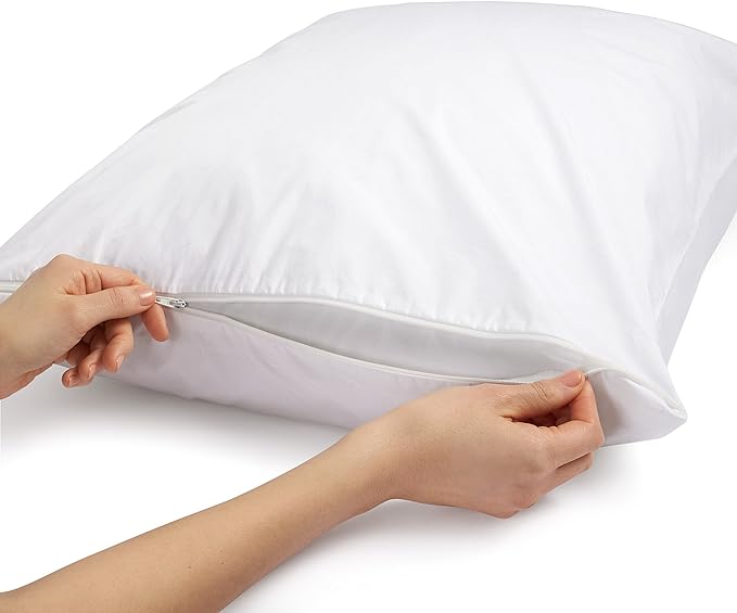 Amazon Basics Queen Pillow Protector with Zipper, 100% Cotton Hypoallergenic, Machine Washable, White, 31 x 21 Inches, Pillows Not Included (Pack of 2)