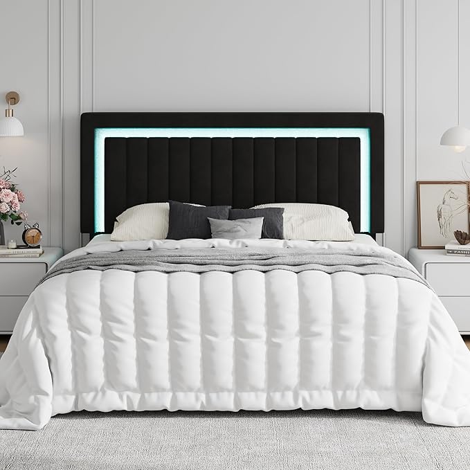 SHA CERLIN King Size Velvet Bed Frame with LED Light, Adjustable Vertical Channel Tufted Headboard, Strong Wooden Slats Support, Noise-Free, No Box Spring Needed, Black