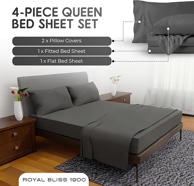 Queen Sheet Set - 4 Piece Bedding - Double Brushed Queen Size Bed Sheets, Deep Pocket (Dark Grey)