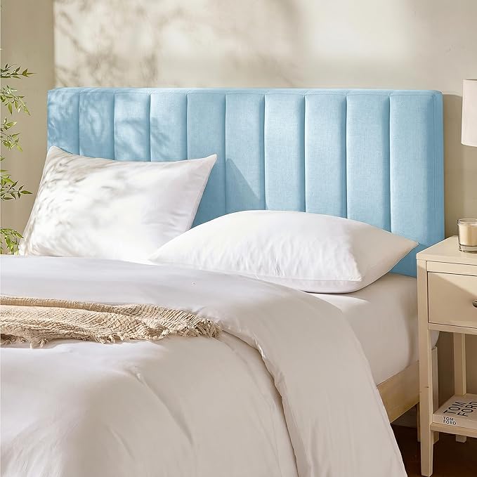 Upholstered Queen Headboard - Easy Assemble Channel Stitched Headboard Queen Size - Wall Mounted Headboards with 3D Soundproof Wall Panels Peel & Stick Floating Headboards, 08-Ice Blue
