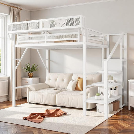 SOFTSEA Metal Loft Bed Storage Shelves, Twin XL Size Loft Bed Frame with Wardrobe, High Loft Beds with Stairs and Guardrail for Kids Bedroom, No Box Spring Needed, White
