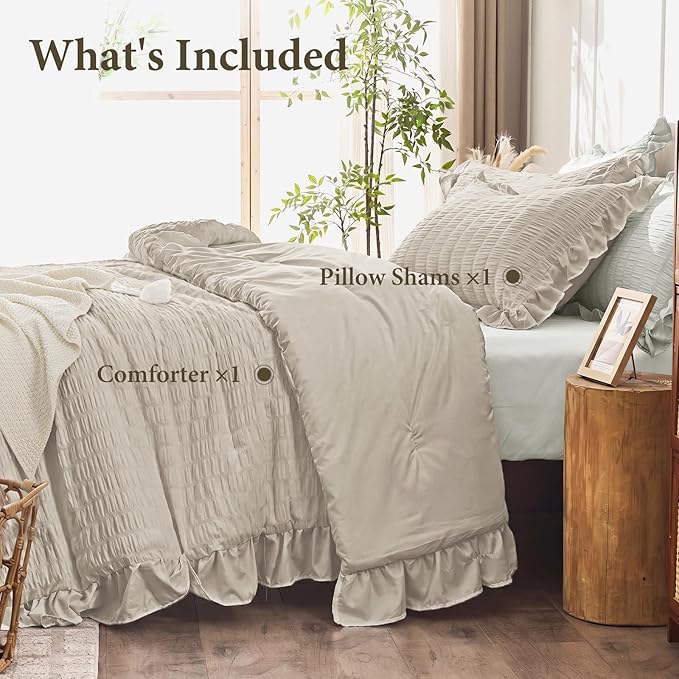 JOLLYVOGUE Twin Size Comforter Set, 2 Pieces Oatmeal Seersucker Lightweight Fluffy Bedding Set, Twin Ruffle Comforter, All Season Soft Microfiber Shabby Chic Bed Set