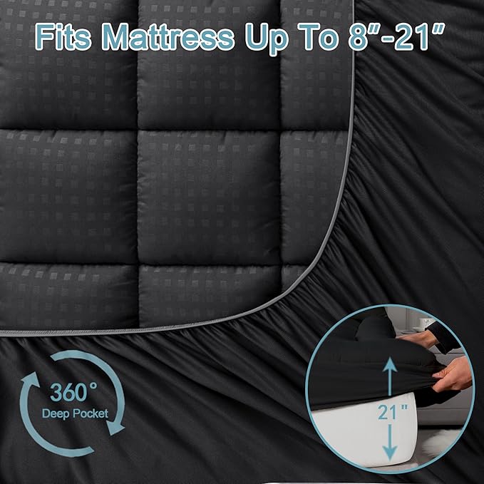 HYLEORY Full XL Mattress Pad Quilted Fitted Mattress Protector Cooling Pillow Top Mattress Cover Breathable Fluffy Soft Mattress Topper with 8-21" Deep Pocket, Black