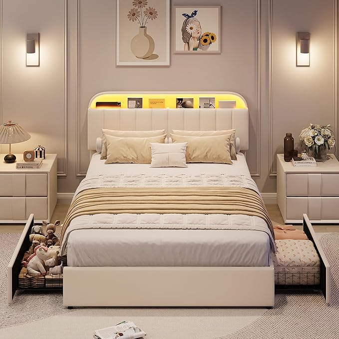 GarveeHome Queen Bed Frame with Storage Headboard, Kids Bed Frame with 2 Drawers, Velvet Upholstered Platform Bed Frame with Lights, No Box Spring Needed, Easy Assembly, Velvet White