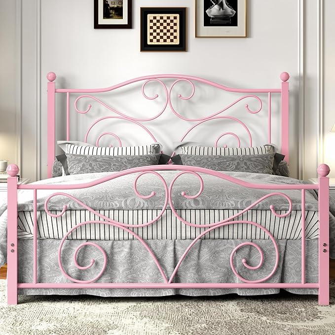 VECELO Full Size Bed Frame with Headboard and Footboard, Heavy Duty Metal Slat Support, Platform Mattress Foundation, No Box Spring Needed, Easy Assembly, Light&Pink