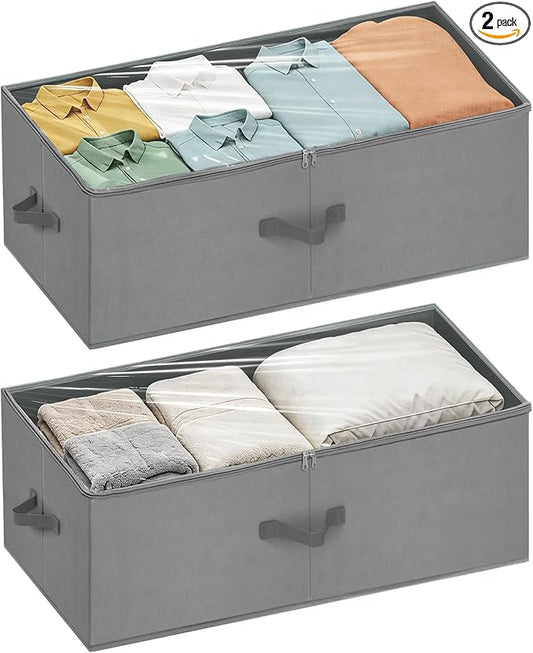 Large Under Bed Storage Containers, 12 inch Tall Underbed Storage Bins with Clear Lids, Deep Under Dorm Bed Storage Drawers Organizer for Shoes, Clothes, Blankets (2 Pack, Grey, 31.5"x16"x12")