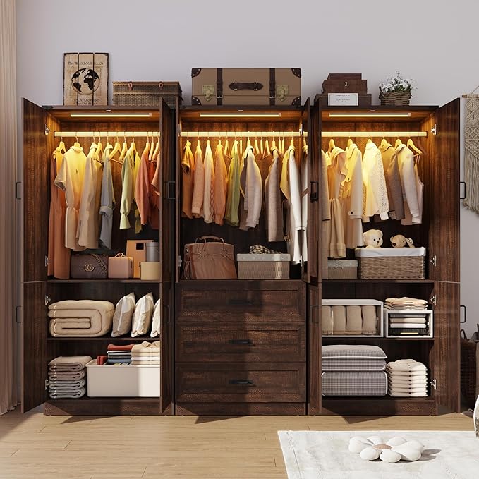 Hlivelood 75" Tall Farmhouse 6 Doors Armoire Wardrobe Closet with 3 Drawers and LED,Freestanding Closet Wardrobe Cabinet for Bedroom with Hanging Rod,Wooden Armoire Storage Cabinet(Brown 6 Doors 1)