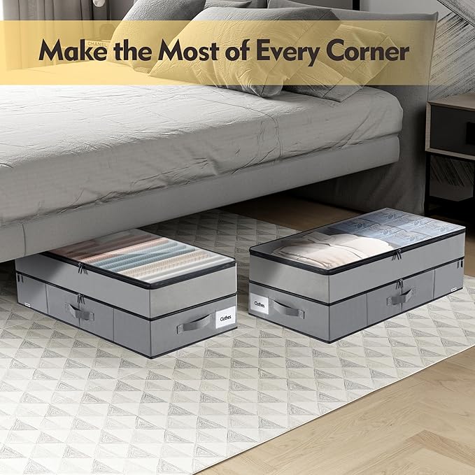 Supowin Large Under Bed Storage Containers, 2-Pack Double Layer Underbed Storage Bins with 3 Handles, 70L Extensible/Closed Clothes Storage Organizer with Sturdy Bottom Sidewalls, Grey