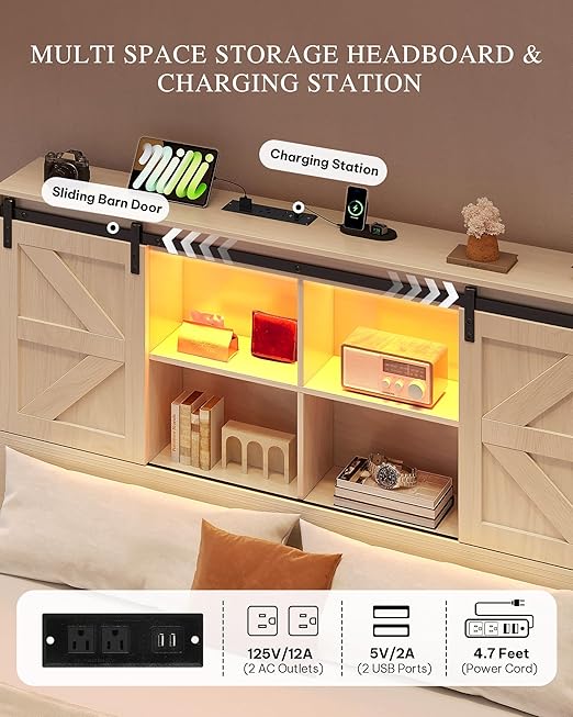 DWVO Farmhouse Queen Size Bed Frame with Storage Bookcase Headboard, Sliding Barn Door, 4 Storage Drawers, RGB LED Bed Frame with USB Charging Station, No Box Spring Needed, Antique White