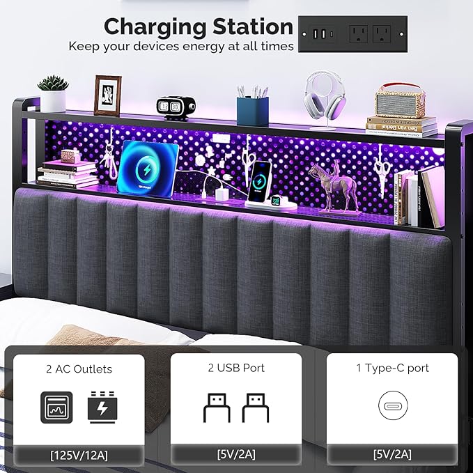 VINGLI Full Size Headboard with 2 Shelves, Adjustable Upholstered Headboard with Pegboard, Charging Stations and LED Lights, Modern Bed Headboard with Storage for Bedroom Decor, Dark Gray