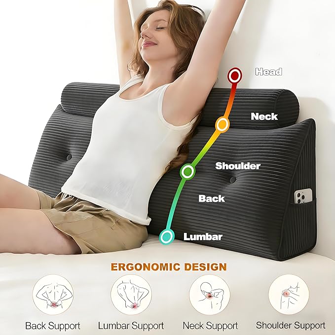 Headboard Pillow Queen, Large Triangular Wedge Cushion with Neck Roll Pillow for Reading Sitting Working, Backrest Positioning Support Bodypillow with Removable Washable Cover for Bed Dorm Sofa